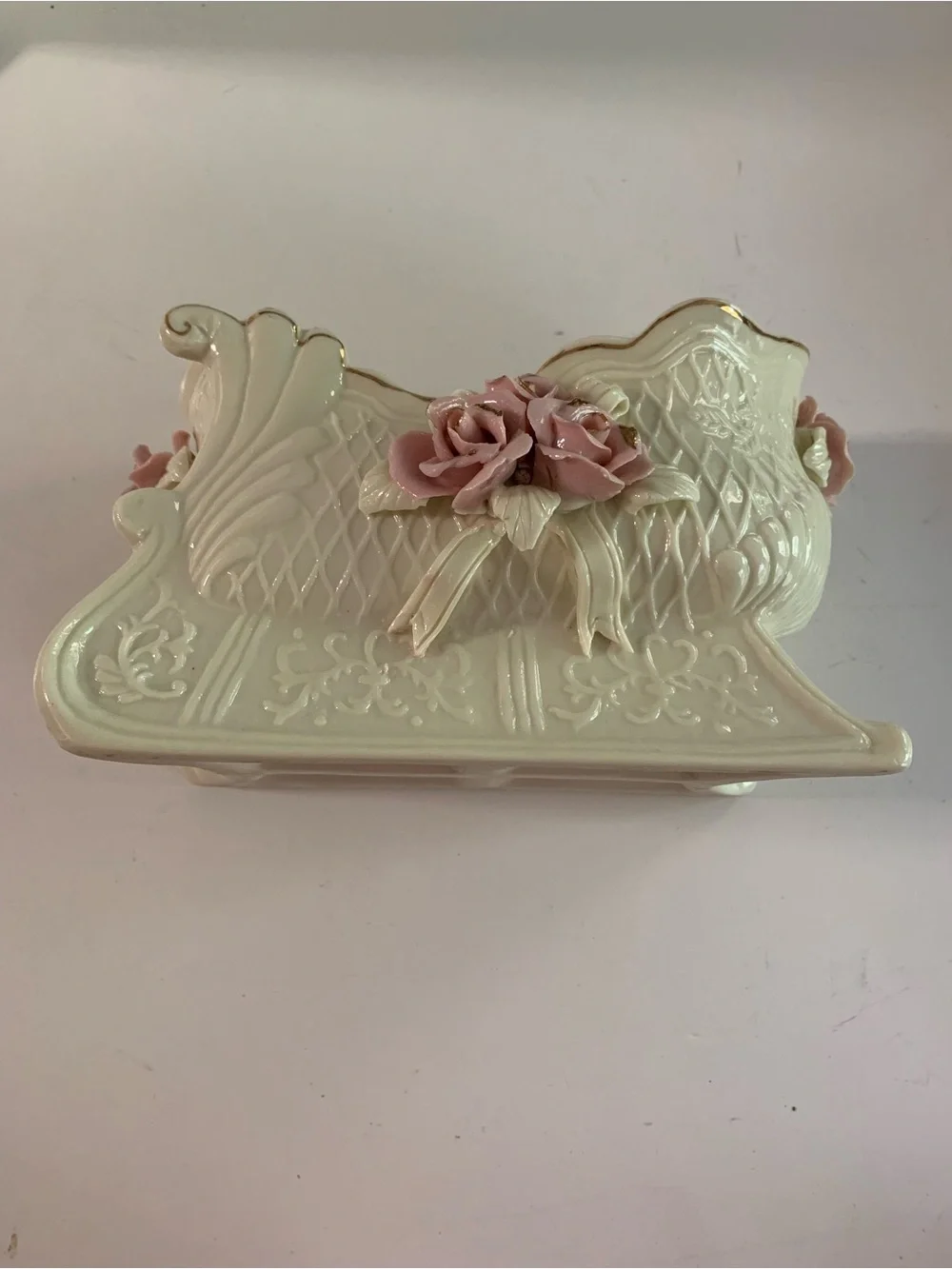 Ceramic Pink Rose Accent Vase - Antique White with Gold Trim
